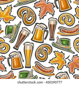 Vector background bavarian seamless pattern oktoberfest. White Background  wallpaper - symbols Oktoberfest: glass mug beer, pretzel, tyrolean hat, maple leaf, grill sausages. Textile tablecloth Bayern