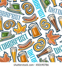 Vector background bavarian seamless pattern oktoberfest. White Background  wallpaper - symbols Oktoberfest: glass mug beer, pretzel, tyrolean hat, maple leaf, grill sausages. Textile tablecloth Bayern