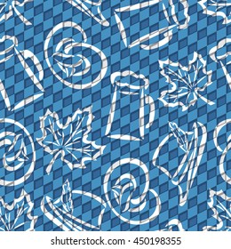 Vector background bavarian seamless pattern flag oktoberfest. On Background blue rhombus diamond wallpaper - symbols Oktoberfest: mug beer, pretzel, tyrolean hat, maple leaf. Textile tablecloth Bayern