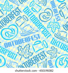 Vector background bavarian seamless pattern flag oktoberfest. On Background blue rhombus diamond wallpaper - symbols Oktoberfest: mug beer, pretzel, tyrolean hat, maple leaf. Textile tablecloth Bayern