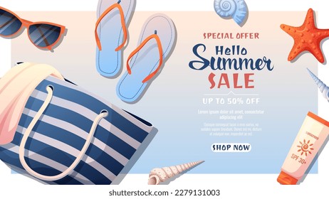Vector background with beach bag, sunscreen, slippers and seashells. Beach vibee, summer time, holidays. Summer sale template, discount banner.
