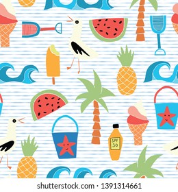 Vector background Beach icons flat seamless pattern 