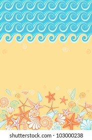 Vector background with beach and text box. Stylized coastline, sea, golden sand, seashells, starfish. Vintage colorful abstract illustration with concept of seaside resort, vacation, diving