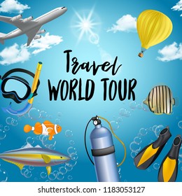 Vector background with beach and travel elements. Tourism. Traveling around the world. Background for travel agent, travel advertising, for web sites about tourism.