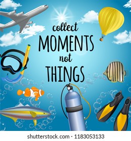 Vector background with beach and travel elements. Tourism. Traveling around the world. Background for travel agent, travel advertising, for web sites about tourism.