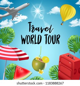 Vector background with beach and travel elements. Tourism. Traveling around the world. Background for travel agent, travel advertising, for web sites about tourism.