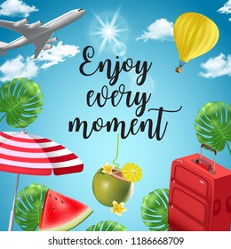 Vector background with beach and travel elements. Tourism. Traveling around the world. Background for travel agent advertising, for web sites about tourism.