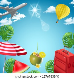 Vector background with beach and travel elements. Tourism. Traveling around the world. 