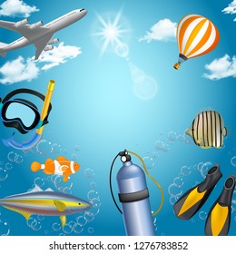 Vector background with beach and travel elements. Tourism. Traveling around the world.