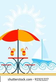 vector background with beach umbrella, drinks on table and sailboat