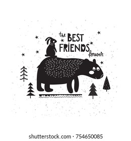 Vector background with bear and hare in a doodle style and an inscription - the best friends forever. Black and white illustration.