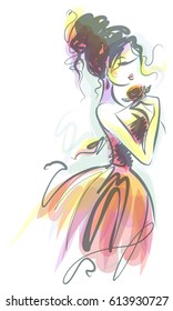 vector background with a beautiful bride in a wedding dress. Graphic drawing sketch with woman. Holiday  celebration.