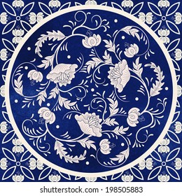 Vector background. Beautiful floral round pattern in chinese style. Simple delicate decor.  Imitation of chinese porcelain painting. Blue watercolor background. Hand drawing. 