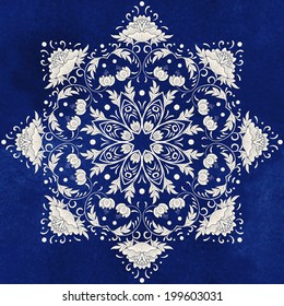 Vector background. Beautiful floral round pattern in chinese style. Imitation of chinese porcelain painting. Blue seamless watercolor background. Hand drawing.