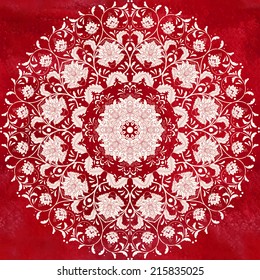 Vector background. Beautiful floral round pattern. Imitation of chinese porcelain painting. Red watercolor background. Hand drawing.