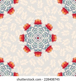 Vector background. Beautiful floral round pattern. Seamless delicate ornament with leaves.