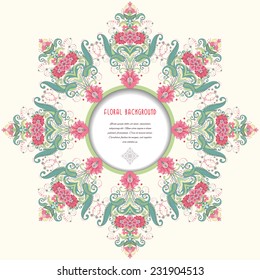 Vector background. Beautiful floral round pattern in vintage oriental style. Frame for your text. Delicate green and pink.