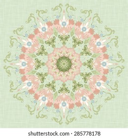 Vector background. Beautiful floral round pattern in vintage style and delicate canvas texture. 
