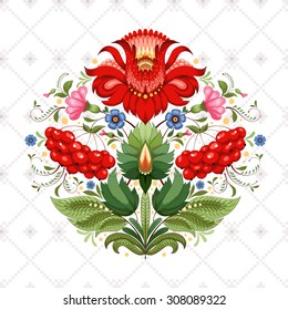 Vector background with beautiful floral Ukrainian pattern. Flowers in the style of Petrykivka painting. Seamless pattern similar to cross stitch.