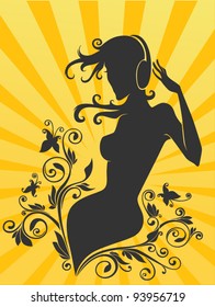 vector background with beautiful girl silhouette in headphone