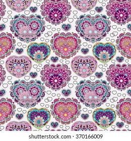 Vector background with  beautiful  hearts. Seamless pattern with ornate floral lace hearts. Lilac violet pink illustration. Valentine day lacy backdrop.