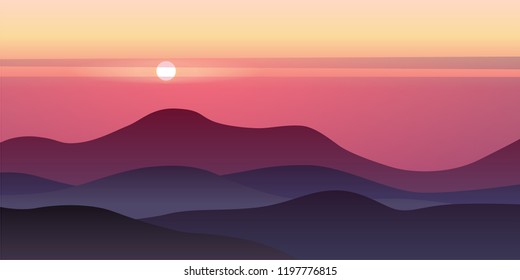 Vector background of beautiful landscape with hills, dawn sky, background in flat cartoon style - polygonal landscape illustration.