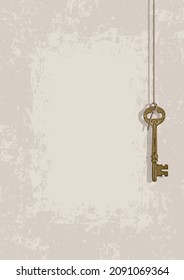 Vector background with a beautiful old key and a place for text on a grunge light backdrop. Vintage illustration with a realistic golden antique key hanging on a rope