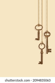 Vector background with beautiful old keys and a place for text on an old paper background. Vintage illustration decorated with three realistic golden antique keys hanging on strings.