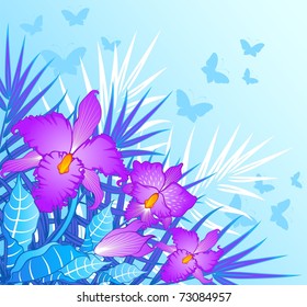Vector background with beautiful orchids and butterflies
