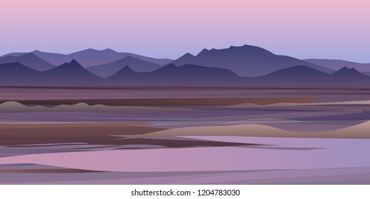 Vector background of beautiful pink dessert landscape with hills, background in flat cartoon style - polygonal landscape illustration.