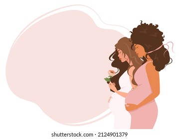 Vector background of beautiful pregnant women of different nationalities, healthcare, pregnancy.