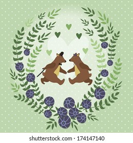 Vector background with beautiful wreath and couple of dancing elegant bears. Retro card with hand drawing characters on the green doted background