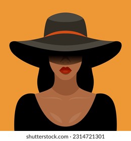 Fondo vectorial. Hermosa joven afroamericana mujer negra con pelo negro, cara cerrada con sombrero grande, amplios márgenes que cubren su cara, estilo plano. Gente solidaria, concepto de derechos de la mujer