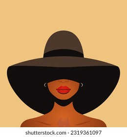 Vector Background. Beautiful Young African American Black Woman with Black Hair, Closed Face with Big Hat, Wide Margins Covering Her Face, Flat Style. Solidarity People, Womens Rights Concept