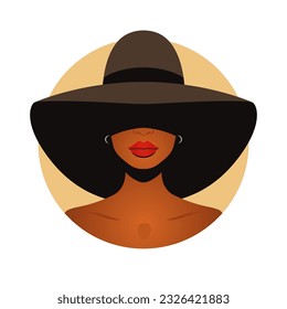 Vector Background. Beautiful Young African American Black Woman with Black Hair, Closed Face with Big Hat, Wide Margins Covering Her Face, Flat Style. Solidarity People, Womens Rights Concept