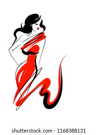 VECTOR Background with the beautiful young   woman in dress. girl , woman,  model , beauty, logotype

