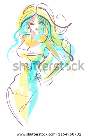 VECTOR Background with the beautiful young   woman in dress. girl , woman,  model , beauty, logotype