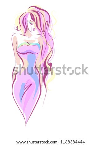 VECTOR Background with the beautiful young   woman in dress. girl , woman,  model , beauty, logotype

