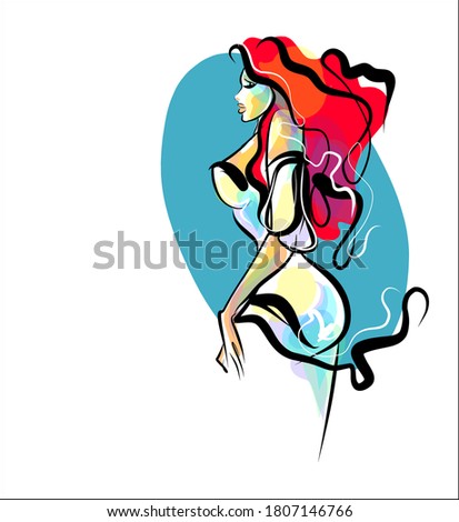 VECTOR Background with the beautiful young   woman in dress. 