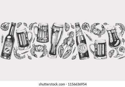 Vector background with  beer bootles and glass, and sea food