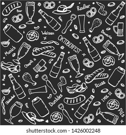 Vector background with beer, snacks and seafood. Useful for packaging, menu design and interior decorating. Hand drawn lettering and doodle. Illustration isolated on black background. Oktoberfest. 