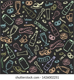 Vector background with beer, snacks and seafood. Useful for packaging, menu design and interior decorating. Hand drawn lettering and doodle. Illustration isolated on black background. Oktoberfest. 