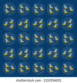 Vector background of bees and honeycombs, color yellow and blue flat style