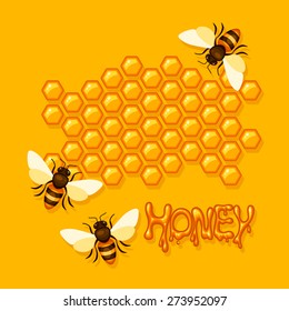 Vector background with bees on the hive 