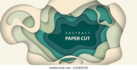 Vector background with beige and green colors paper cut shapes. 3D abstract paper art style, design layout for business presentations, flyers, posters, prints, decoration, cards, brochure cover.