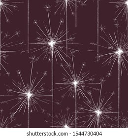 Vector background. Bengal or indian light sparkler, Bright sparks , Bengal fire firework isolated. Salute seamless pattern for celebration of holidays and parties, weddings and birthdays. Sketch style
