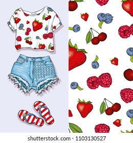 Vector background of berries and fruits for print. Vector illustration. Short top and shorts, feminine stylish look. Summer outfit, glasses and shoes. Fashion & Style.