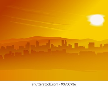 Vector background: big city of skyscrapers on river bank against sunrise (maybe sunset).