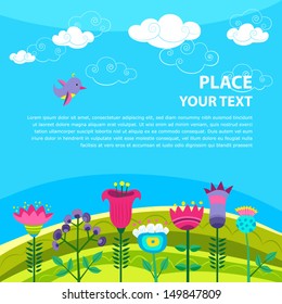 Vector background with bird, sky and flowers and with place for your text.