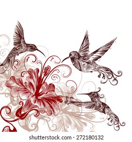 Vector background with birds and hibiscus for design